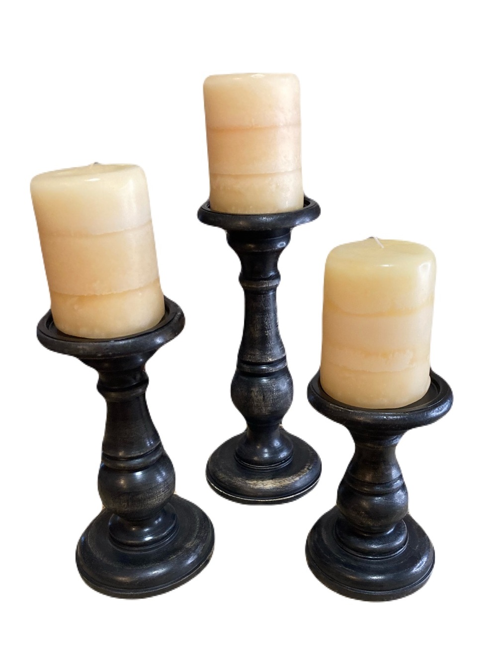 Turned Wood Candle Holders- Black Distressed Pedestal w/ Pillar Candles